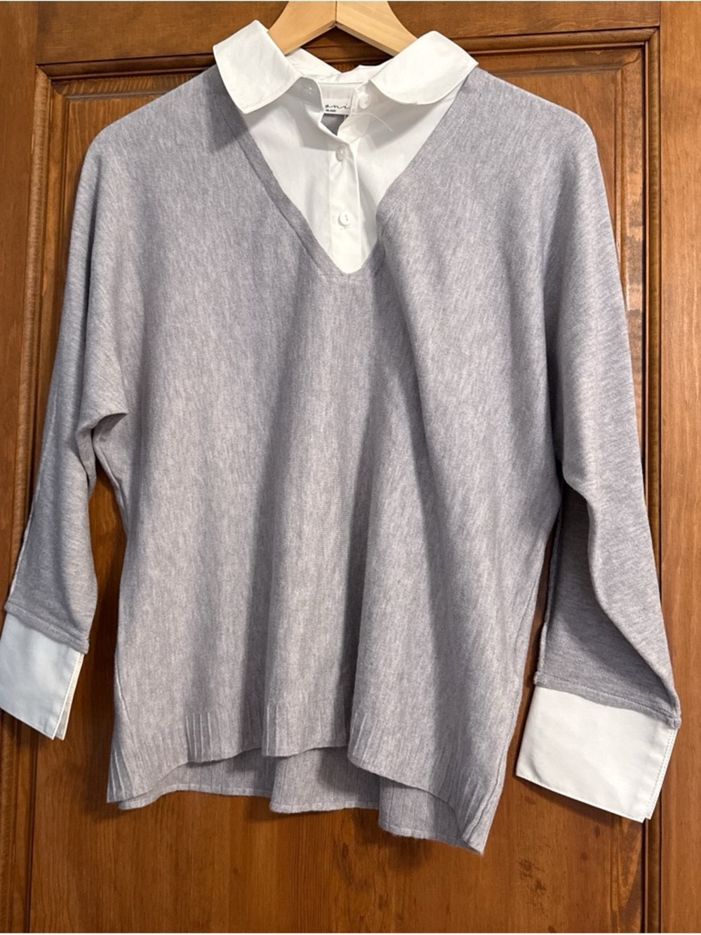 Sioni Light Gray V-Neck Layered Sweater with White Shirt Detail
